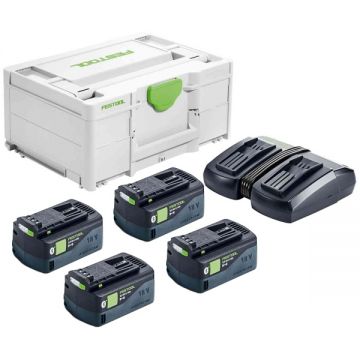 Festool  SYS 18V 4x50/TCL 6 DUO - Set 4 acumulatori si incarcator Li-Ion 18 V 5 Ah incarcare rapida valiza speciala