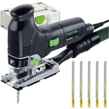 Festool  TRION PS 300 EQ-Plus - Fierastrau pendular 720 W valiza speciala + Set panze fierastrau pendular tija cu un prag de prindere (T) 75 mm lemn taiere in unghi 5 bucati