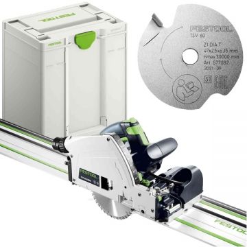 Festool  TSV 60 KEBQ-Plus-FS - Fierastrau circular 1500 W 168x20 mm valiza speciala accesorii + Panza de fierastrau incizor 47x2.5x6.35 mm
