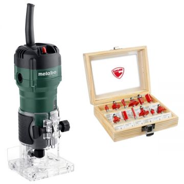 Metabo  FM 500-6 + Stayer - 1.351 - Masina de frezat 500 W 6 mm + Set cutite frezat tija 6 mm ambalaj lemn 12 bucati