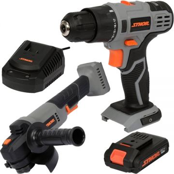 Sthor  78097 - Masina de gaurit si insurubat cu percutie 26 Nm + Polizor unghiular 125 mm + Acumulator Li-Ion 20 V 2 Ah + Incarcator