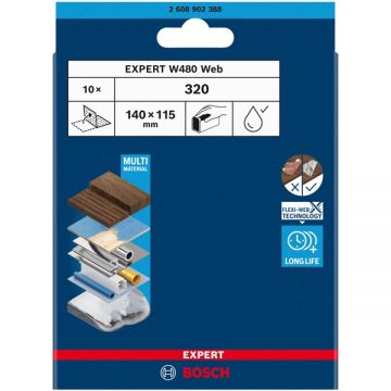 Bosch  EXPERT W480 Web - Foaie abraziva dreptunghi 140x115 mm fara gauri granulatie 320 10 buc