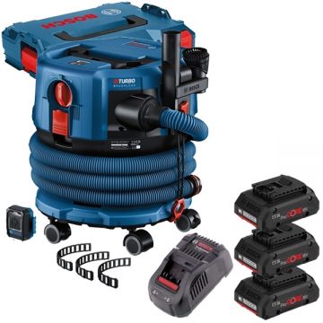 Bosch  GAS 18V-12 MC + 0615990L1R - Aspirator 140 mbar accesorii + Set 3 acumulatori si incarcator Li-Ion 18 V 4 Ah valiza speciala