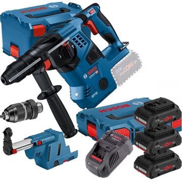 Bosch  GBH 18V-28 CF - Rotopercutor SDS-Plus 3.3 J mandrina interschimbabila valiza speciala accesorii + Set 3 acumulatori si incarcator Li-Ion 18 V 4 Ah valiza speciala