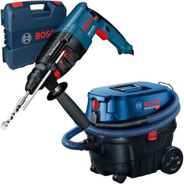 Bosch  GBH 2-26 DRE + GAS 12-25 PL - Rotopercutor SDS-Plus 800 W 2.7 J valiza plastic + Aspirator umed-uscat 1250 W 200 mbar 25 l priza scule electrice