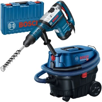 Bosch  GBH 8-45 DV + GAS 12-25 PL - Rotopercutor SDS-Max 1500 W 12.5 J valiza plastic + Aspirator umed-uscat 1250 W 200 mbar 25 l priza scule electrice