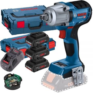 Bosch  GDS 18V-450 PC + 0615990L1R - Masina de insurubat cu impact patrat 1/2 inch 450 Nm M10-M20 valiza speciala accesorii + Set 3 acumulatori si incarcator Li-Ion 18 V 4 Ah valiza speciala