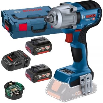 Bosch  GDS 18V-450 PC + 1600A00B8J - Masina de insurubat cu impact patrat 1/2 inch 450 Nm M10-M20 valiza speciala accesorii + Set 2 acumulatori si incarcator Li-Ion 18 V 5 Ah