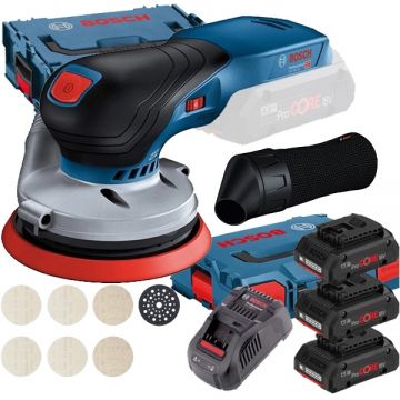 Bosch  GEX 18V-125 + M480 + 0615990L1R - Slefuitor cu excentric 125 mm valiza speciala + Set 3 acumulatori si incarcator Li-Ion 18 V 4 Ah valiza speciala