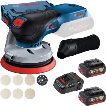 Bosch  GEX 18V-125 + M480 + 1600A00B8J - Slefuitor cu excentric 125 mm valiza speciala + Set 2 acumulatori si incarcator Li-Ion 18 V 5 Ah