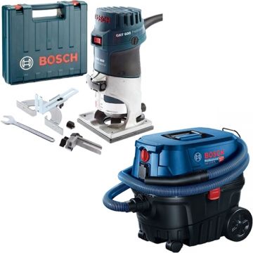 Bosch  GKF 600 + GAS 12-25 PL - Masina de frezat 600 W 6 8 mm valiza plastic + Aspirator umed-uscat 1250 W 200 mbar 25 l priza scule electrice