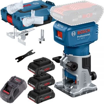 Bosch  GLF 18V-8 + 0615990L1R - Masina de frezat 6 6.35 8 mm accesorii + Set 3 acumulatori si incarcator Li-Ion 18 V 4 Ah valiza speciala