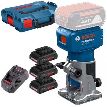 Bosch  GLF 18V-8 + 0615990L1R - Masina de frezat 6 6.35 8 mm + Set 3 acumulatori si incarcator Li-Ion 18 V 4 Ah valiza speciala