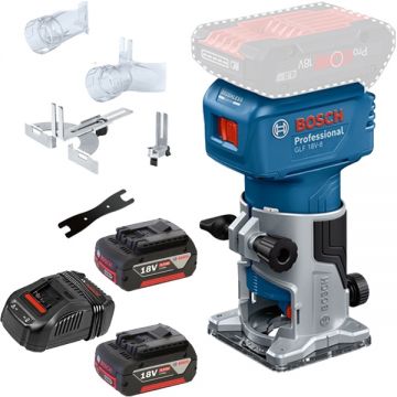 Bosch  GLF 18V-8 + 1600A00B8J - Masina de frezat 6 6.35 8 mm accesorii + Set 2 acumulatori si incarcator Li-Ion 18 V 5 Ah