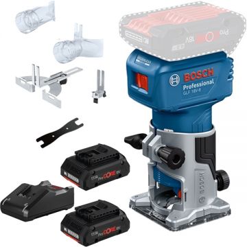 Bosch  GLF 18V-8 + ProCORE + GAL 18V-40 - Masina de frezat 6 6.35 8 mm accesorii + Set 2 acumulatori si incarcator Li-Ion 18 V 4 Ah