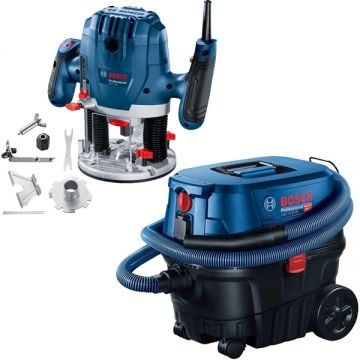 Bosch  GOF 130 + GAS 12-25 PL - Masina de frezat 1300 W 6 8 mm accesorii + Aspirator umed-uscat 1250 W 200 mbar 25 l priza scule electrice