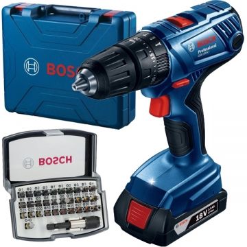 Bosch  GSB 180-LI + 2607017319 - Masina de gaurit si insurubat cu percutie cu 1 acumulator Li-Ion 18 V 2 Ah 54 Nm valiza plastic + Set capete de insurubare mixte 32 bucati