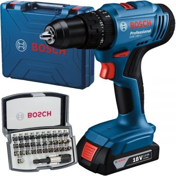 Bosch  GSB 183-LI + 2607017319 - Masina de gaurit si insurubat cu percutie cu 1 acumulator Li-Ion 18 V 2 Ah 56 Nm valiza plastic + Set capete de insurubare mixte 32 bucati