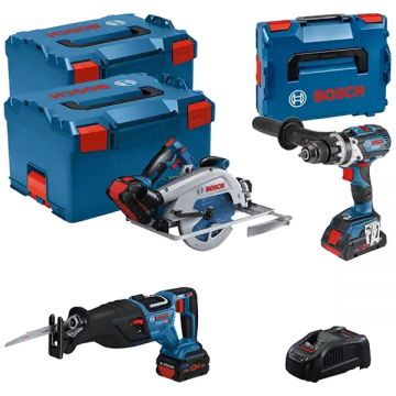 Bosch  GSB 18V-110 C + GKS 18V-68GC + GSA 18V-28 - Masina de gaurit si insurubat cu percutie 110 Nm + Fierastrau circular 190x30 mm + Fierastrau sabie + Acumulator Li-Ion 18 V 4 Ah + 2x Acumulator Li-Ion 18 V 5.5 Ah + Incarcator + 3x Valiza speciala