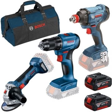 Bosch  GSR 185-LI + GDX 180-LI + GWS 180-LI - Masina de gaurit si insurubat 50 Nm + Masina de insurubat cu impact patrat 1/2 inch si hexagon interior 1/4 inch 180 Nm M6-M14 + Polizor unghiular 125 mm + Set 2 acumulatori si incarcator Li-Ion 18 V 4 Ah + G