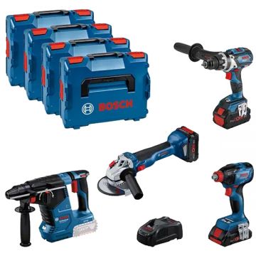 Bosch  GSR 18V-110 C + GDX 18V-210 C + GWS 18V-10 + GBH 18V-24 C - Masina de gaurit si insurubat 110 Nm + Masina de insurubat cu impact patrat 1/2 inch si hexagon interior 1/4 inch 210 Nm + Polizor unghiular 125 mm + Rotopercutor SDS-Plus 2.4 J + Acumula