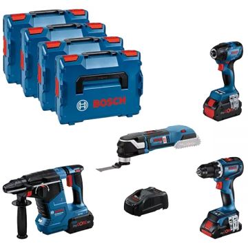 Bosch  GSR 18V-90C + GDR 18V-210 C + GBH 18V-24C + GOP 18V-28 - Masina de gaurit si insurubat 64 Nm + Masina de insurubat cu impact 210 Nm + Rotopercutor SDS-Plus 2.4 J + Multicutter  + Acumulator Li-Ion 18 V 4 Ah + 2x Acumulator Li-Ion 18 V 5.5 Ah + Inc