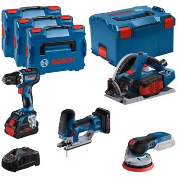 Bosch  GSR 18V-90C + GKT 18V-52GC + GST 18V-155 SC+ GEX 18V-125 - Masina de gaurit si insurubat 64 Nm + Fierastrau circular 140x20 mm + Fierastrau pendular + Slefuitor cu excentric 125 mm + Acumulator Li-Ion 18 V 4 Ah + 2x Acumulator Li-Ion 18 V 5.5 Ah +