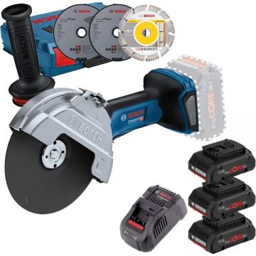 Bosch  GWS 18V-180 P + 0615990L1R - Polizor unghiular 180 mm accesorii + Set 3 acumulatori si incarcator Li-Ion 18 V 4 Ah valiza speciala