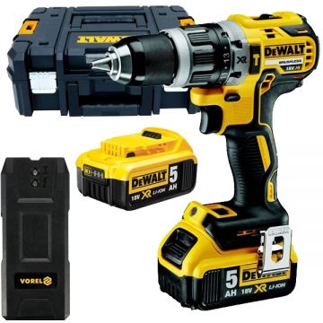 DeWalt  DCD796P2 + Vorel - 81786 - Masina de gaurit si insurubat cu percutie cu 2 acumulatori Li-Ion 18 V 5 Ah 70 Nm valiza speciala + Detector de metale cu baterii alcaline 50 mm