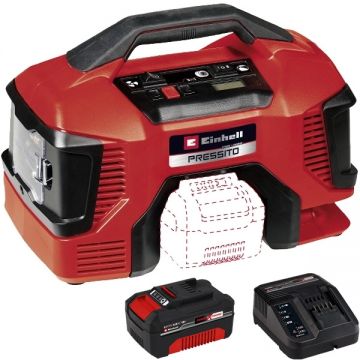 Einhell  Pressito 18/21 PXC + Starter Kit - Compresor aer 10.5 bar + Set 1 acumulator si incarcator Li-Ion 18 V 4 Ah