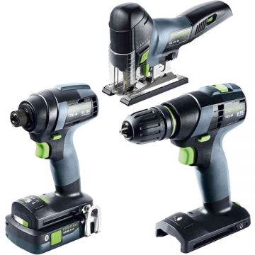 Festool  TID 18 HPC 40 I-Plus + TXS 18-Basic + PSC 420 EB-Basic - Masina de gaurit cu impact 18 V + Masina de gaurit si insurubat 18 V + Ferastrau vertical 18 V 2 acumulatori Li-Ion 18 V 4 Ah 4 valize speciale