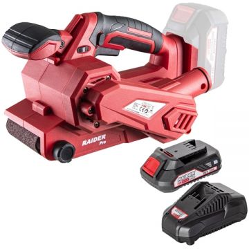 Raider  RDP-SBS20 + RDP-R20 - Slefuitor cu banda 75x457 mm + Set 1 acumulator si incarcator Li-Ion 20 V 2 Ah