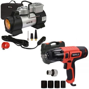 Yato  YT-73460 + YT-82020 - Compresor auto 40 l/min 10 bar accesorii + Masina de insurubat cu impact 450 W 450 Nm patrat 1/2 inch valiza plastic accesorii