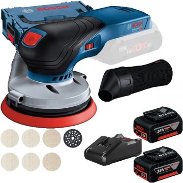 Bosch  GEX 18V-125 + M480 + GBA + GAL 18V-40 - Slefuitor cu excentric 125 mm valiza speciala + Set 2 acumulatori si incarcator Li-Ion 18 V 5 Ah