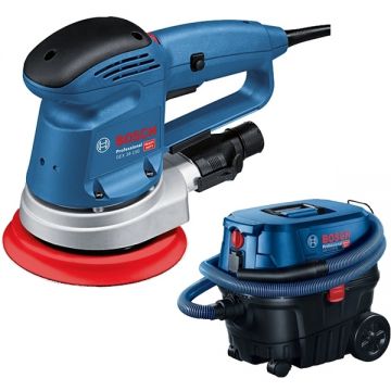 Bosch  GEX 34-150 + GAS 12-25 PL - Slefuitor cu excentric 340 W 150 mm + Aspirator umed-uscat 1250 W 200 mbar 25 l priza scule electrice