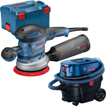Bosch  GEX 40-150 + GAS 12-25 PL - Slefuitor cu excentric 400 W 150 mm valiza speciala + Aspirator umed-uscat 1250 W 200 mbar 25 l priza scule electrice
