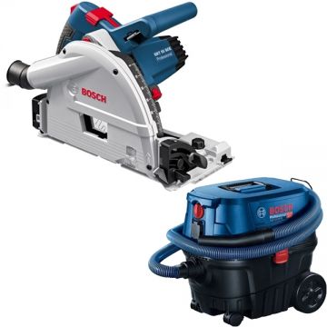 Bosch  GKT 55 GCE + GAS 12-25 PL - Fierastrau circular 1400 W 165x20 mm + Aspirator umed-uscat 1250 W 200 mbar 25 l priza scule electrice