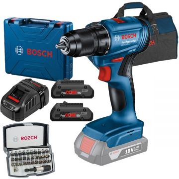 Bosch  GSR 185-LI + 1600A016GF + 2607017319 + 1619BZ0100 - Masina de gaurit si insurubat 50 Nm valiza plastic + Set 2 acumulatori si incarcator Li-Ion 18 V 4 Ah + Set capete de insurubare 32 bucati + Geanta textila