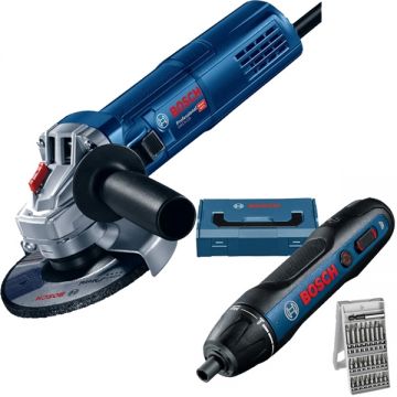 Bosch  GWS 9-125 + GO - Polizor unghiular cu fir 900 W 125 mm + Masina de insurubat cu 1 acumulator Li-Ion 3.6 V 1.5 Ah 5 Nm valiza speciala accesorii