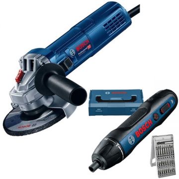 Bosch  GWS 9-125 S + GO - Polizor unghiular cu fir 900 W 125 mm turatie reglabila + Masina de insurubat cu 1 acumulator Li-Ion 3.6 V 1.5 Ah 5 Nm valiza speciala accesorii