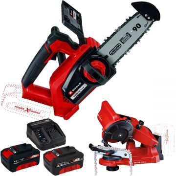 Einhell  FORTEXXA 18/20 TH PXC + Starter Kit + GE-CS 18 Li PXC - Drujba 20 cm 7 m/s + Set 2 acumulatori si incarcator Li-Ion 18 V 4 Ah + Masina de ascutit lanturi