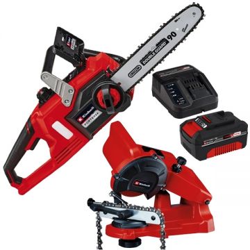 Einhell  FORTEXXA 18/30 PXC + Starter Kit + GC-CS 85 E - Drujba 30 cm 8.9 m/s + Set 1 acumulator si incarcator Li-Ion 18 V 4 Ah + Masina de ascutit lanturi 85 W 108x23x3.2 mm
