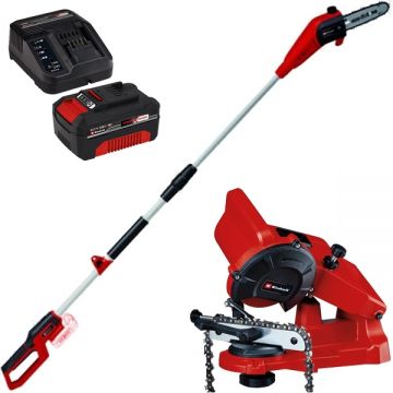 Einhell  GC-LC 18/20 Li T PXC + Starter Kit + GC-CS 85 E - Drujba 20 cm 5.5 m/s + Set 1 acumulator si incarcator Li-Ion 18 V 4 Ah + Masina de ascutit lanturi 85 W 108x23x3.2 mm