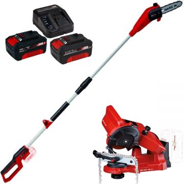 Einhell  GC-LC 18/20 Li T PXC  + Starter Kit + GE-CS 18 Li PXC - Drujba 20 cm 5.5 m/s + Set 2 acumulatori si incarcator Li-Ion 18 V 4 Ah + Masina de ascutit lanturi