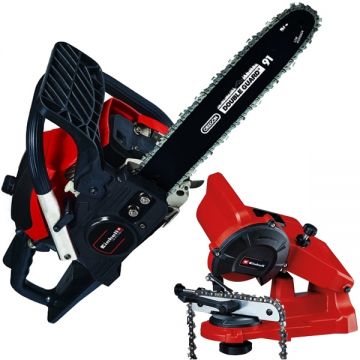Einhell  GC-PC 1335/1 I Set + GC-CS 85 E - Drujba cu motor pe benzina 1.7 CP 35 cm 37.2 cm3 + Masina de ascutit lanturi 85 W 108x23x3.2 mm