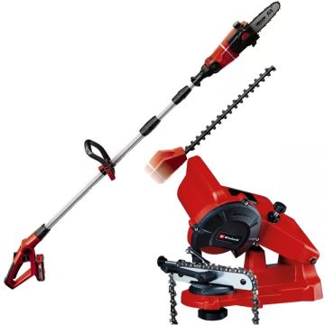 Einhell  GE-HC 18 Li T Kit PXC + GC-CS 85 E - Drujba cu 1 acumulator Li-Ion 18 V 3 Ah 20 cm 3.76 m/s + Masina de ascutit lanturi 85 W 108x23x3.2 mm