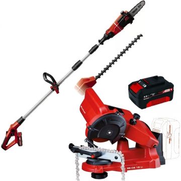 Einhell  GE-HC 18 Li T Kit PXC + GE-CS 18 Li PXC - Drujba cu 1 acumulator Li-Ion 18 V 3 Ah 20 cm 3.76 m/s + Acumulator Li-Ion 18 V 4 Ah + Masina de ascutit lanturi