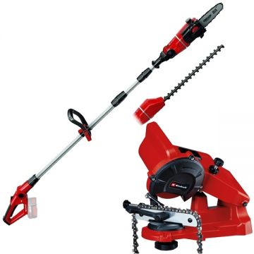 Einhell  GE-HC 18 Li T PXC + GC-CS 85 E - Drujba fara acumulatori si incarcator Li-Ion 18 V - Ah 20 cm 3.76 m/s accesorii + Masina de ascutit lanturi 85 W 108x23x3.2 mm