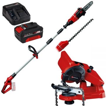 Einhell  GE-HC 18 Li T PXC + Starter Kit + GC-CS 85 E - Drujba 20 cm 3.76 m/s accesorii + Set 1 acumulator si incarcator Li-Ion 18 V 4 Ah + Masina de ascutit lanturi 85 W 108x23x3.2 mm