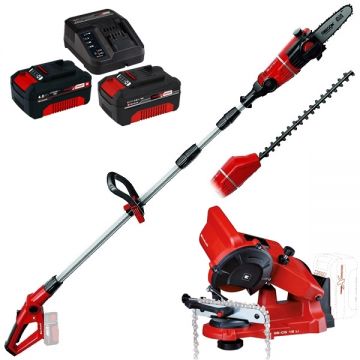 Einhell  GE-HC 18 Li T PXC + Starter Kit + GE-CS 18 Li PXC - Drujba 20 cm3.76 m/s + Set 2 acumulatori si incarcator Li-Ion 18 V 4 Ah + Masina de ascutit lanturi